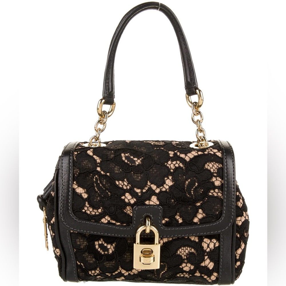 Dolce & Gabbana Black Lace Over Nude Shoulder Bag with Gold Hardware